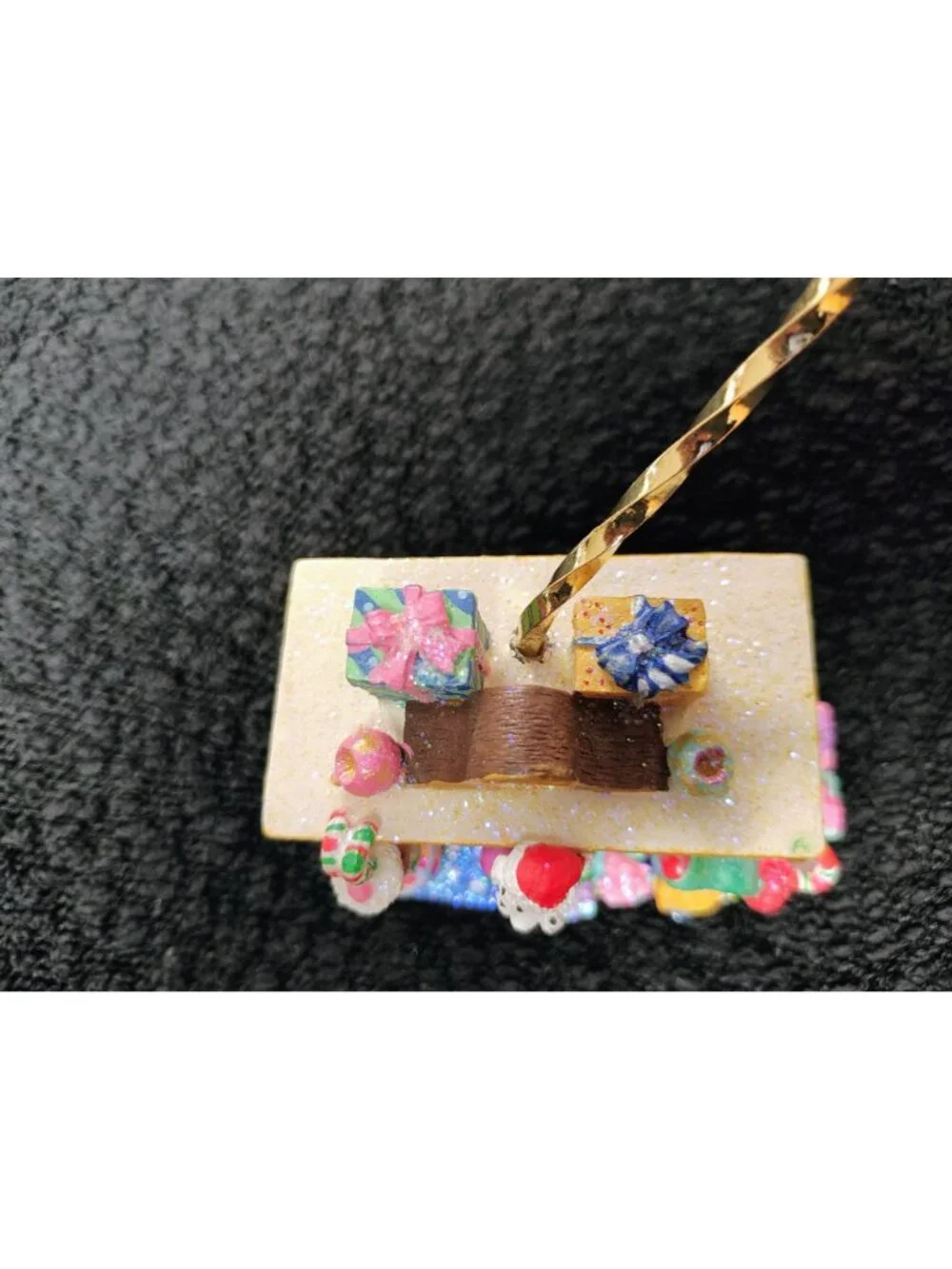 Vintage Christmas Fireplace Ornament Miniature Stocking & Gifts Tabletop Decor 3